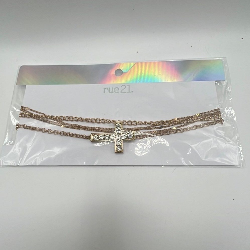 Rue21 Goth 90s Preppy Grunge Rhinestone Cross Choker Necklace Set Gold Tone NWT